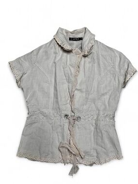 Capri Vintage Y2k/90d Light Cream Linen Blend Short Sleeve Blouse with Tie Waist